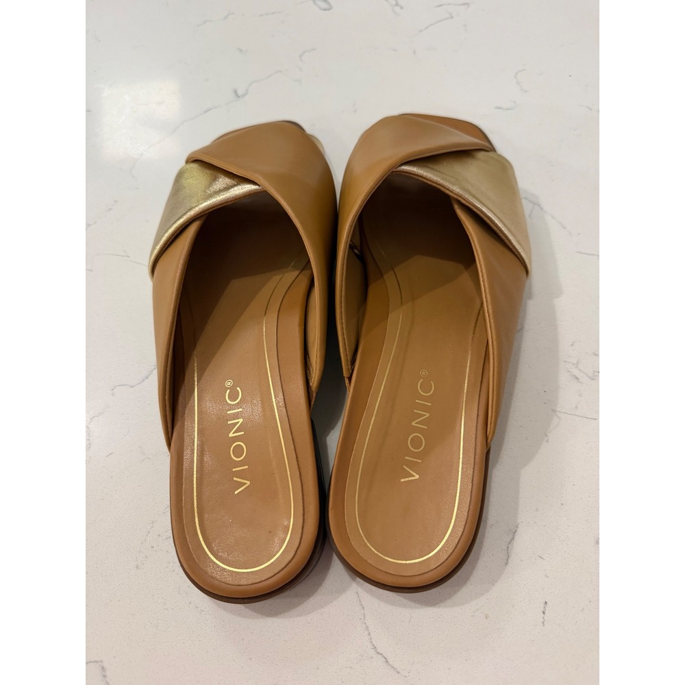 Vionic Miramar Tan Gold Leather Square Toe Slide Sandals Womens 9 Flat Orthotic